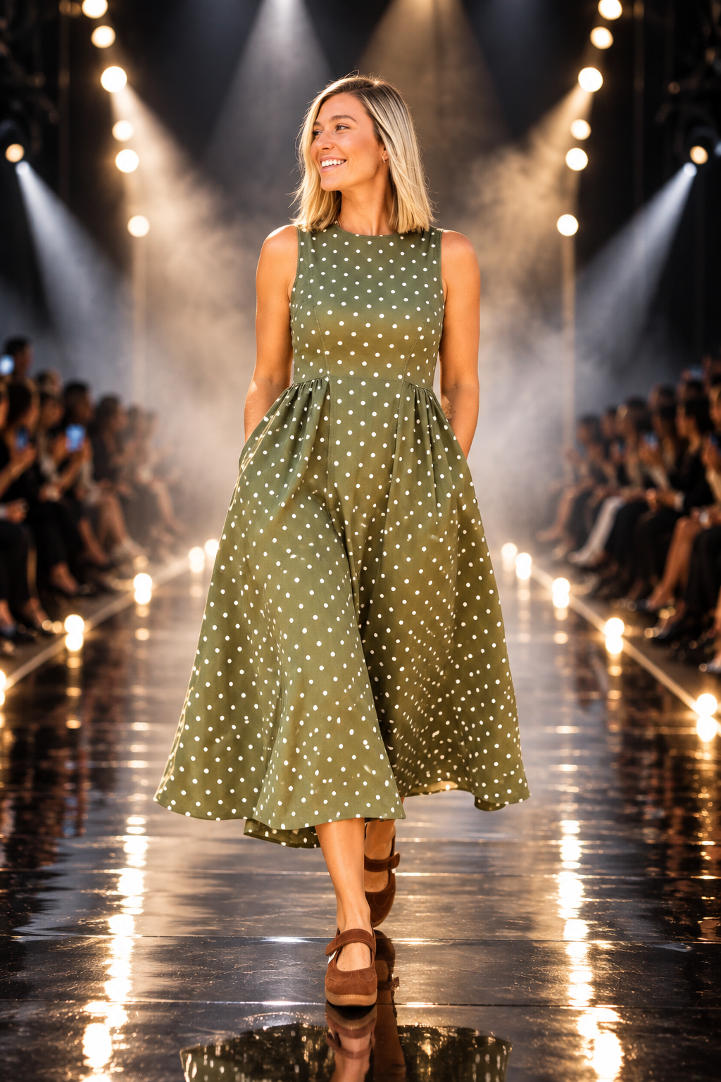 A model in an olive-green polka-dot dress walks down a runway