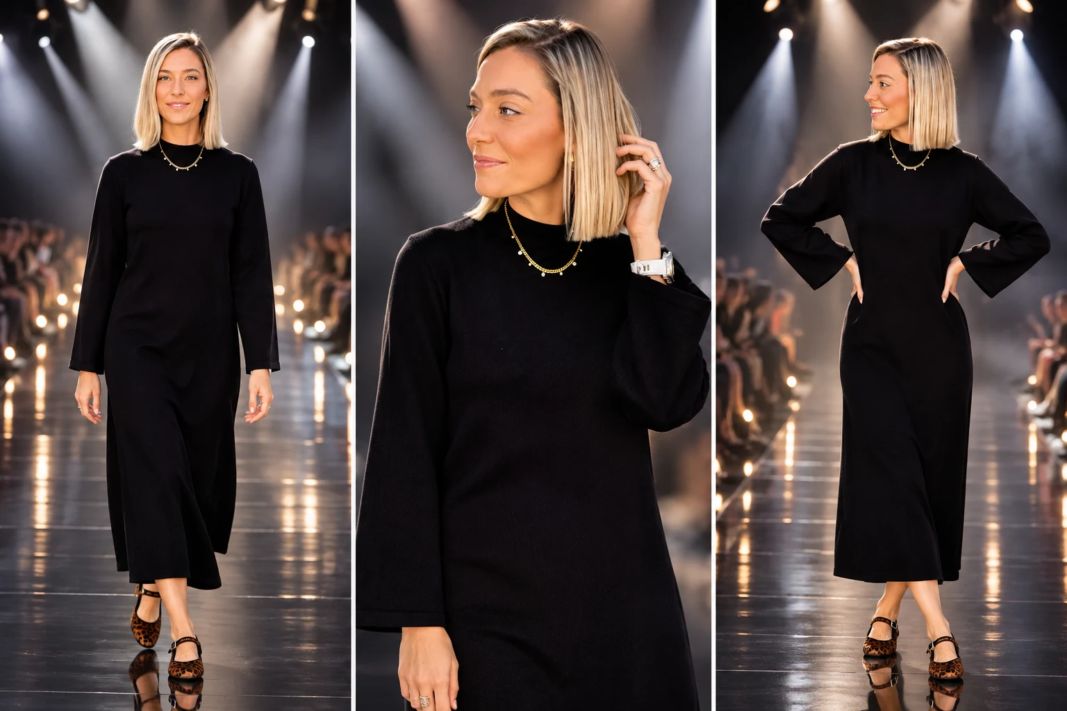 Three views of a model wearing a long black dress with leopard-print shoes on a runway