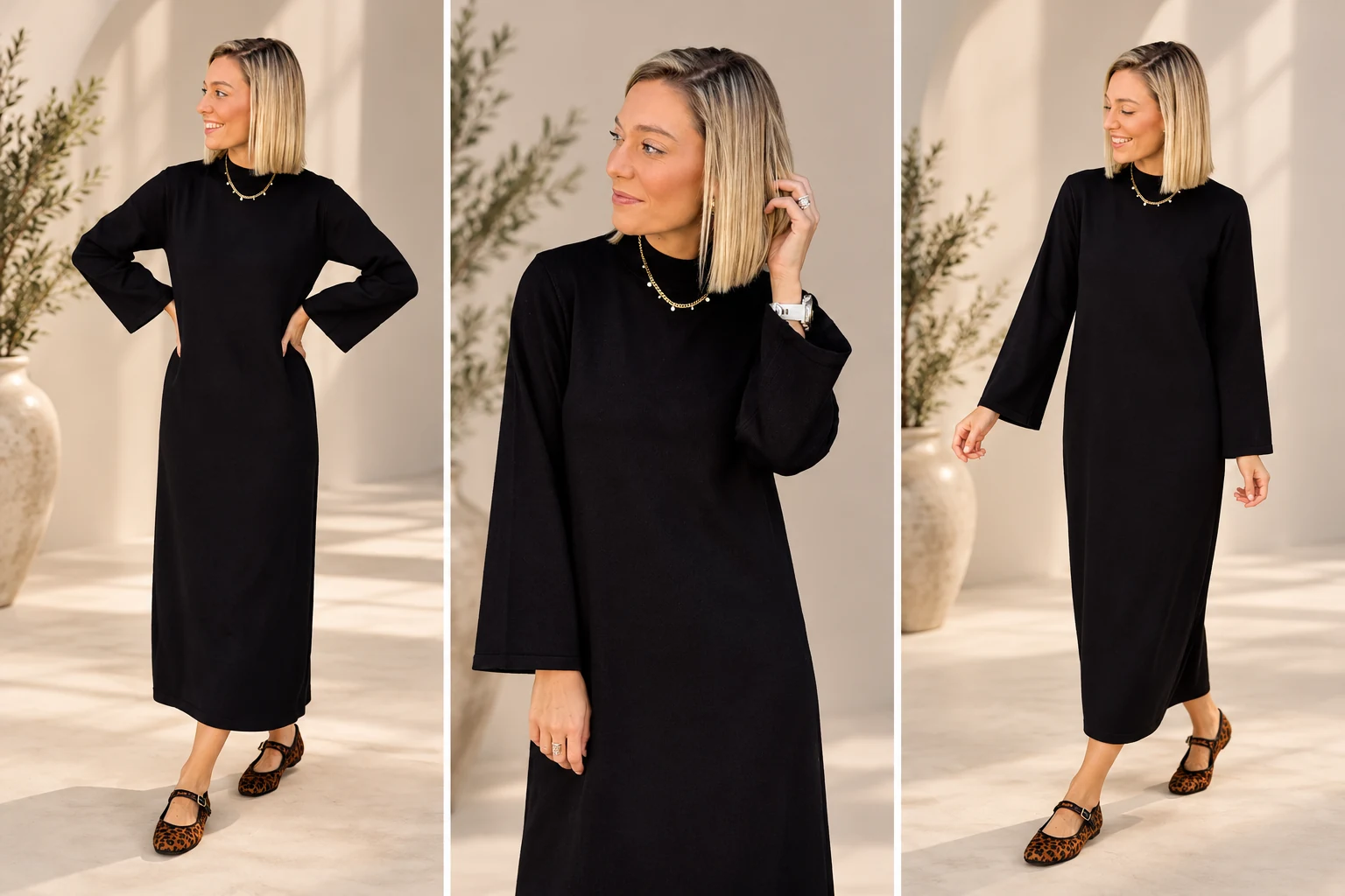 Three studio views of a model wearing a long black dress against a light backdrop